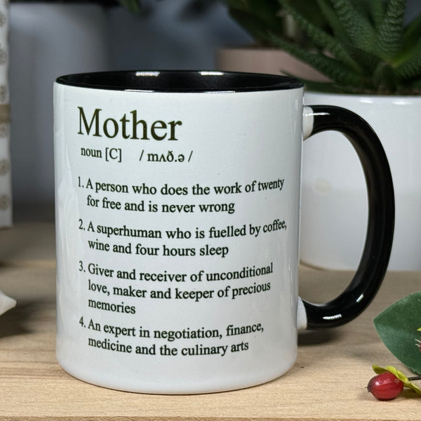 Ceramic mug gift for mother - white with black interior and handle - mother definition