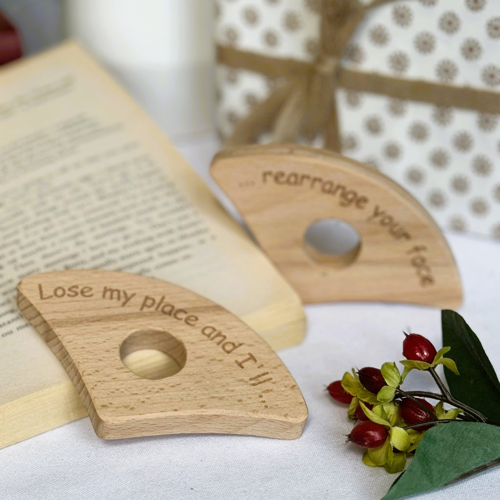Wooden thumb book holder gift - lose my place and I'll rearrange your face