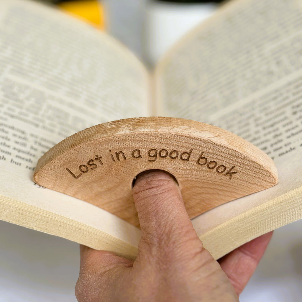 Wooden thumb book holder gift - lost in a good book