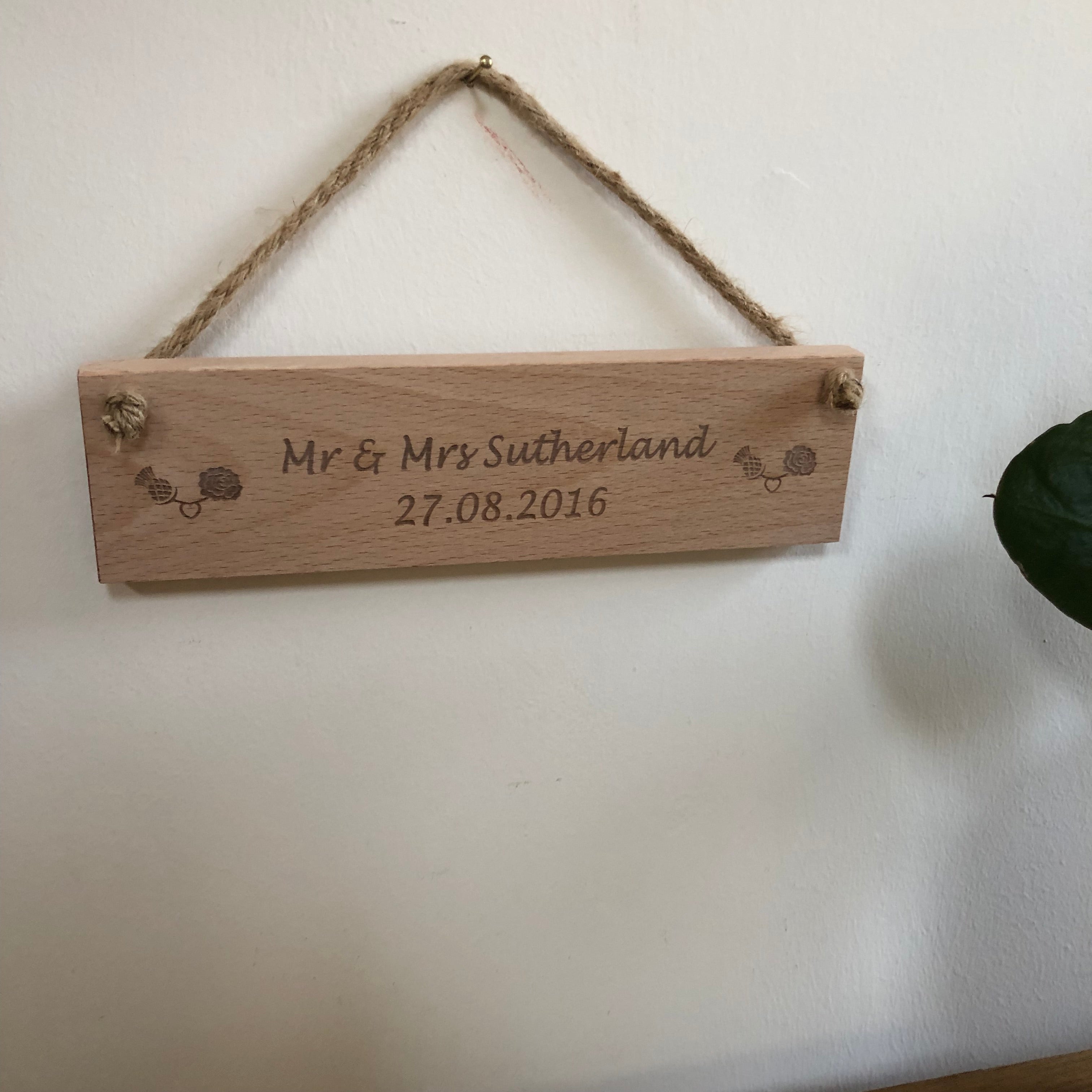 Personalised wedding plaque - names and date with thistle and rose symbols