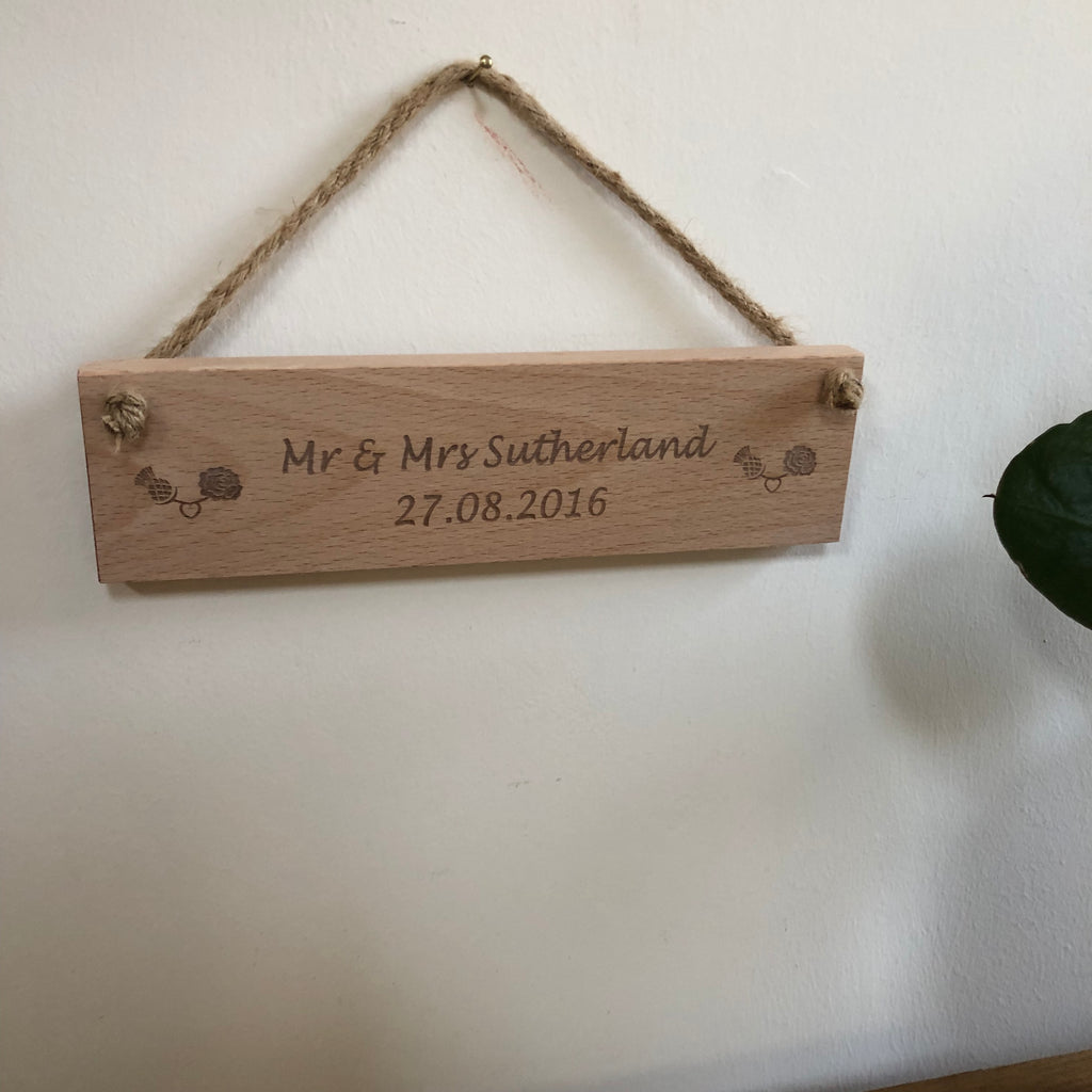 Personalised wedding plaque - names and date with thistle and rose symbols