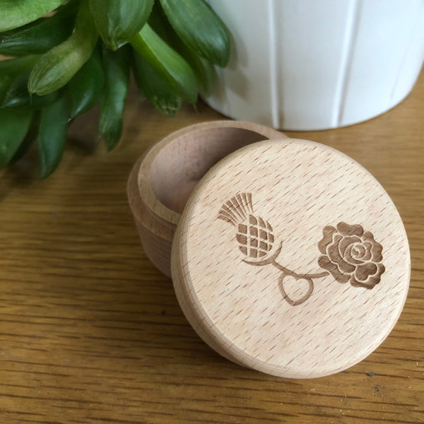 Wooden wedding ring box - laser engraved with the national flowers of Scotland and England - a thistle and a rose