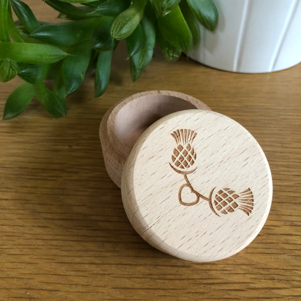 Wooden wedding ring box - laser engraved with two thistles, the national flower of Scotland