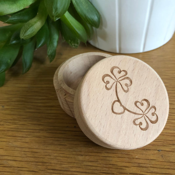 Wooden wedding ring box - laser-engraved with two shamrocks, the national flower of Ireland