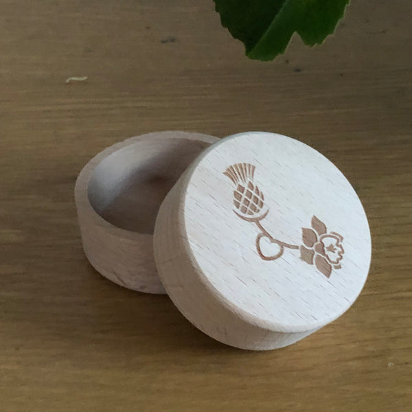 Wooden wedding ring box - laser engraved with a thistle and a daffodil - the national flowers of Scotland and Wales