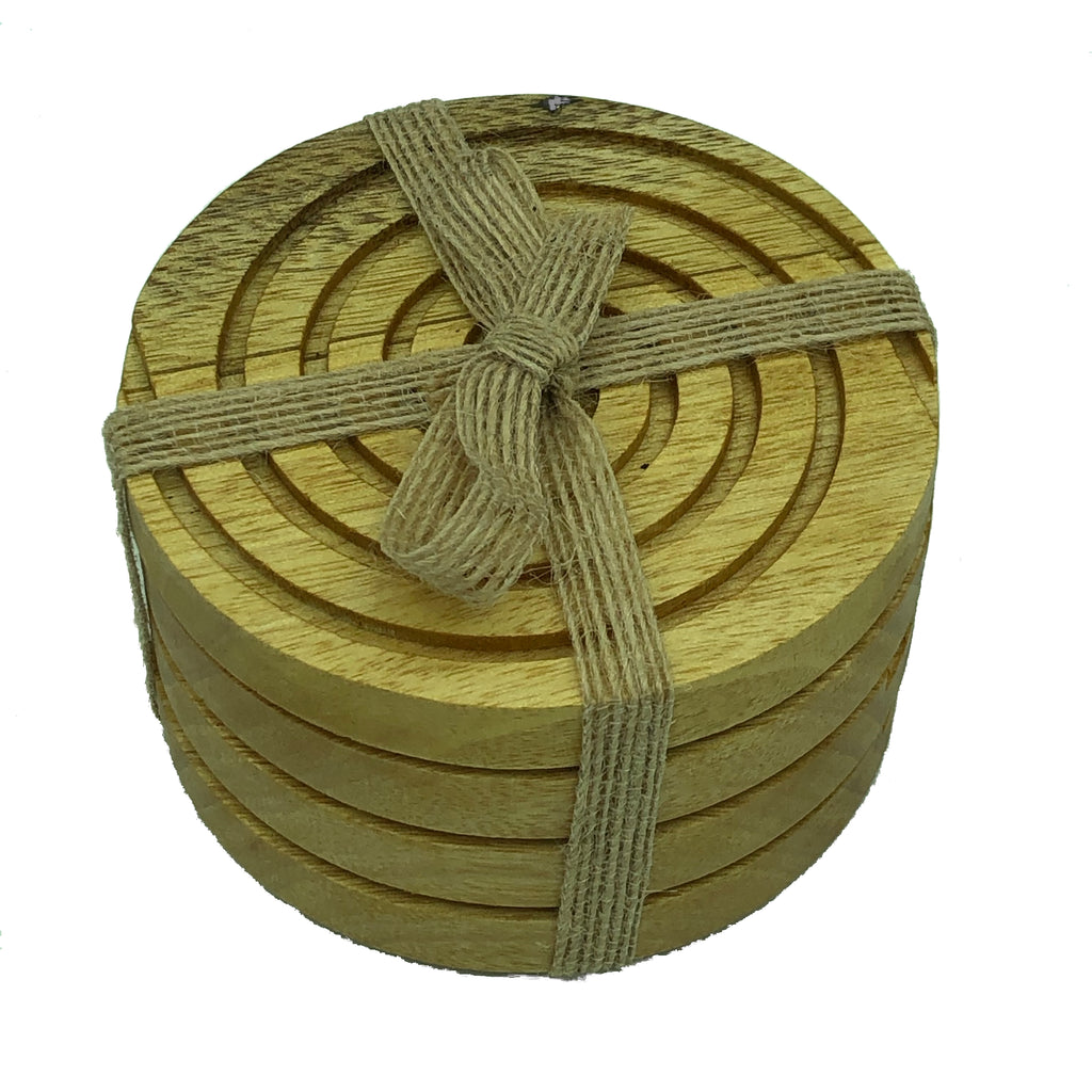 Solid idigbo hardwood round wooden coasters - packaged with hessian ribbon