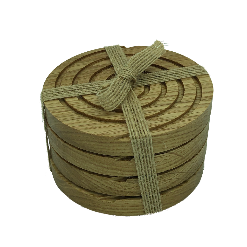 Solid oak round wooden coasters - packaged with hessian ribbon