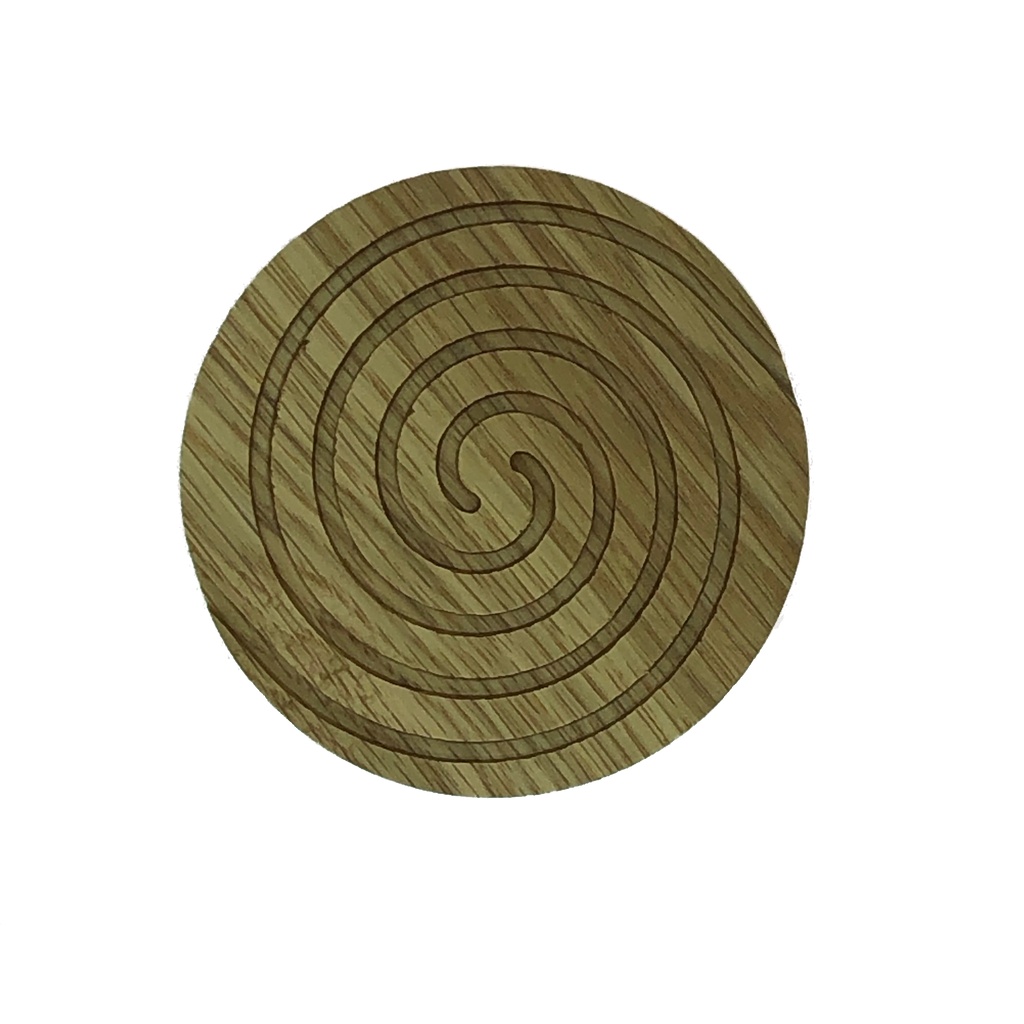 Solid oak round wooden coasters - spiral cut into the top