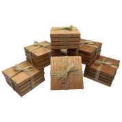 Square wooden meranti coasters - packaged with hessian ribbon