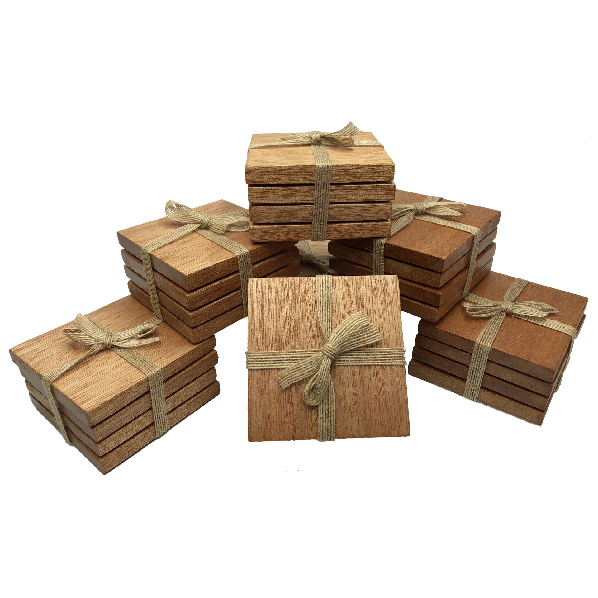 Square wooden meranti coasters - packaged with hessian ribbon