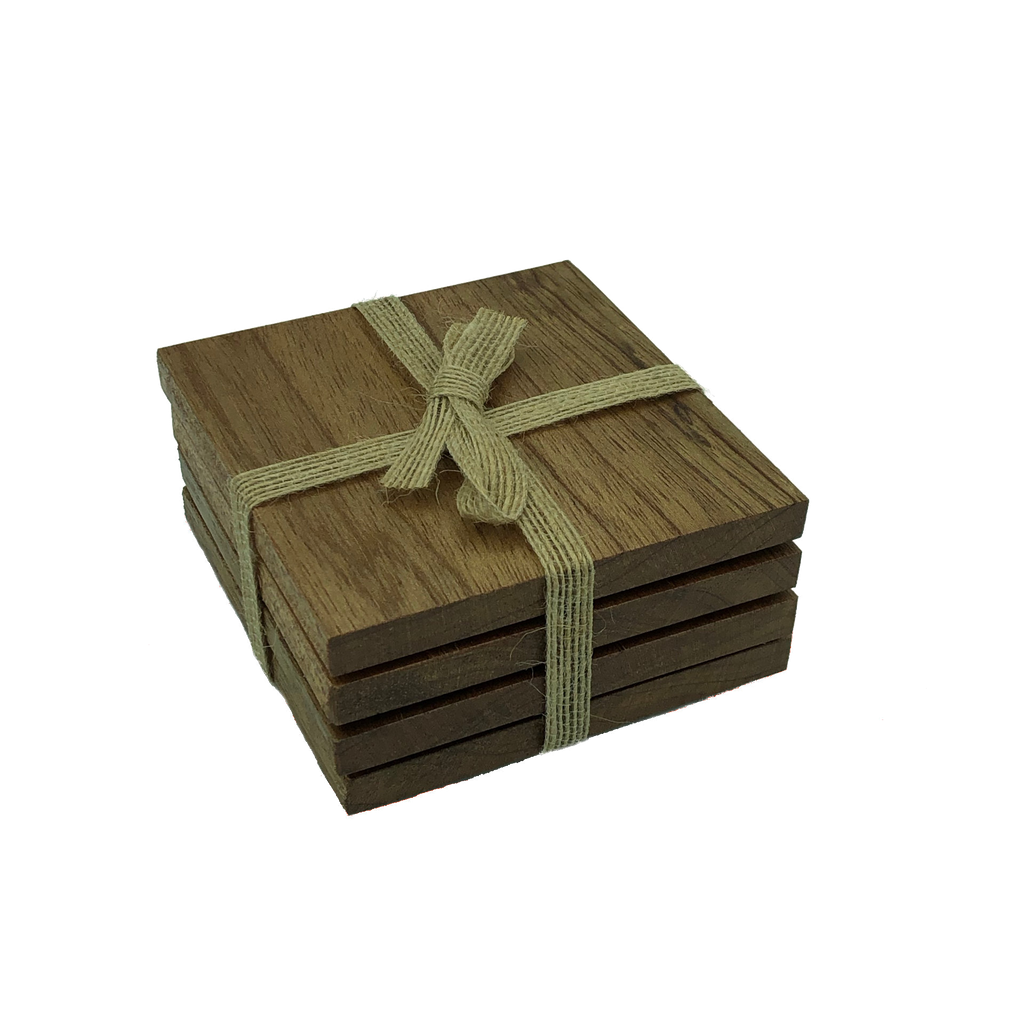Handmade square wooden oak coasters - packaged with hessian ribbon