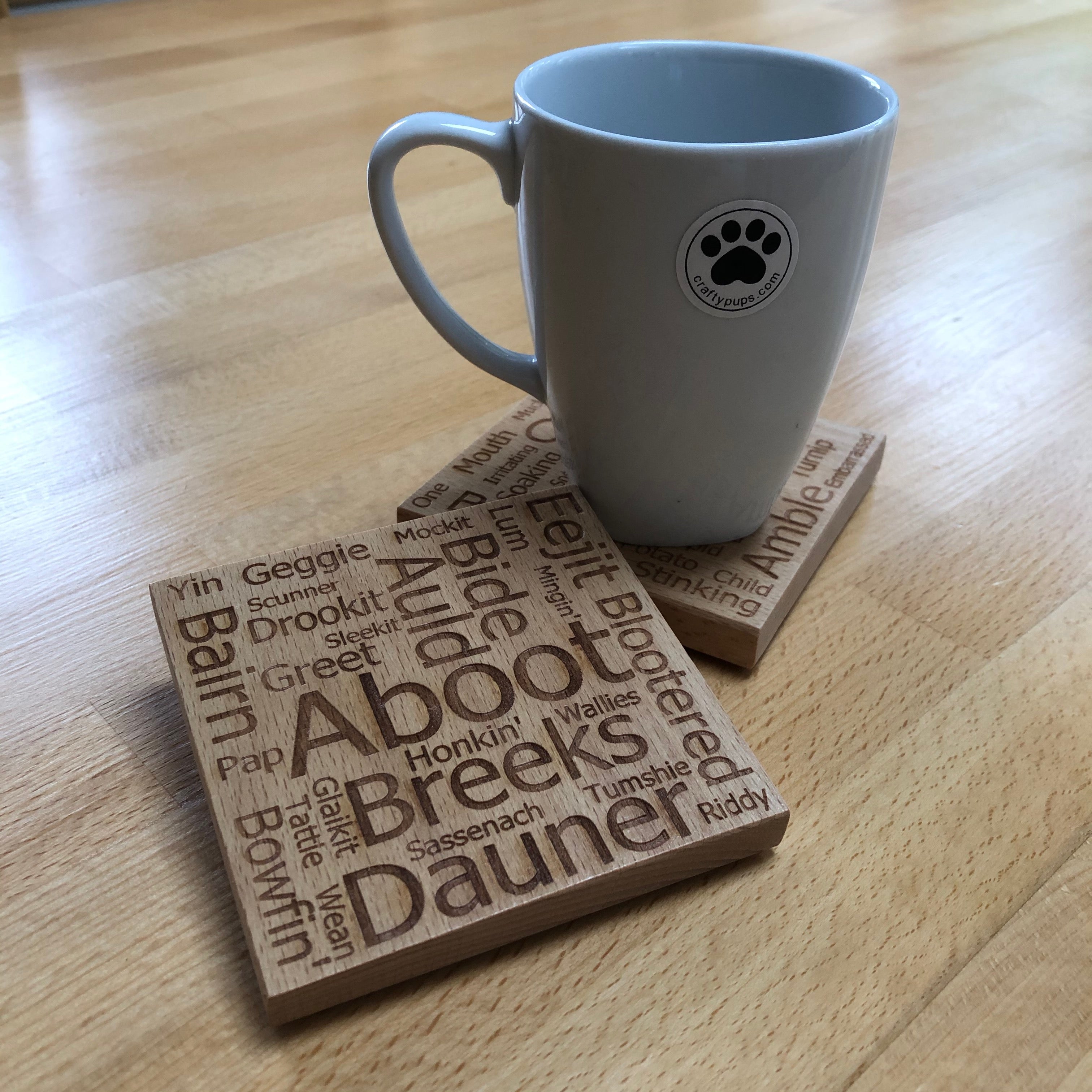 Wooden coasters - Scottish dialect with English translations - set of 4
