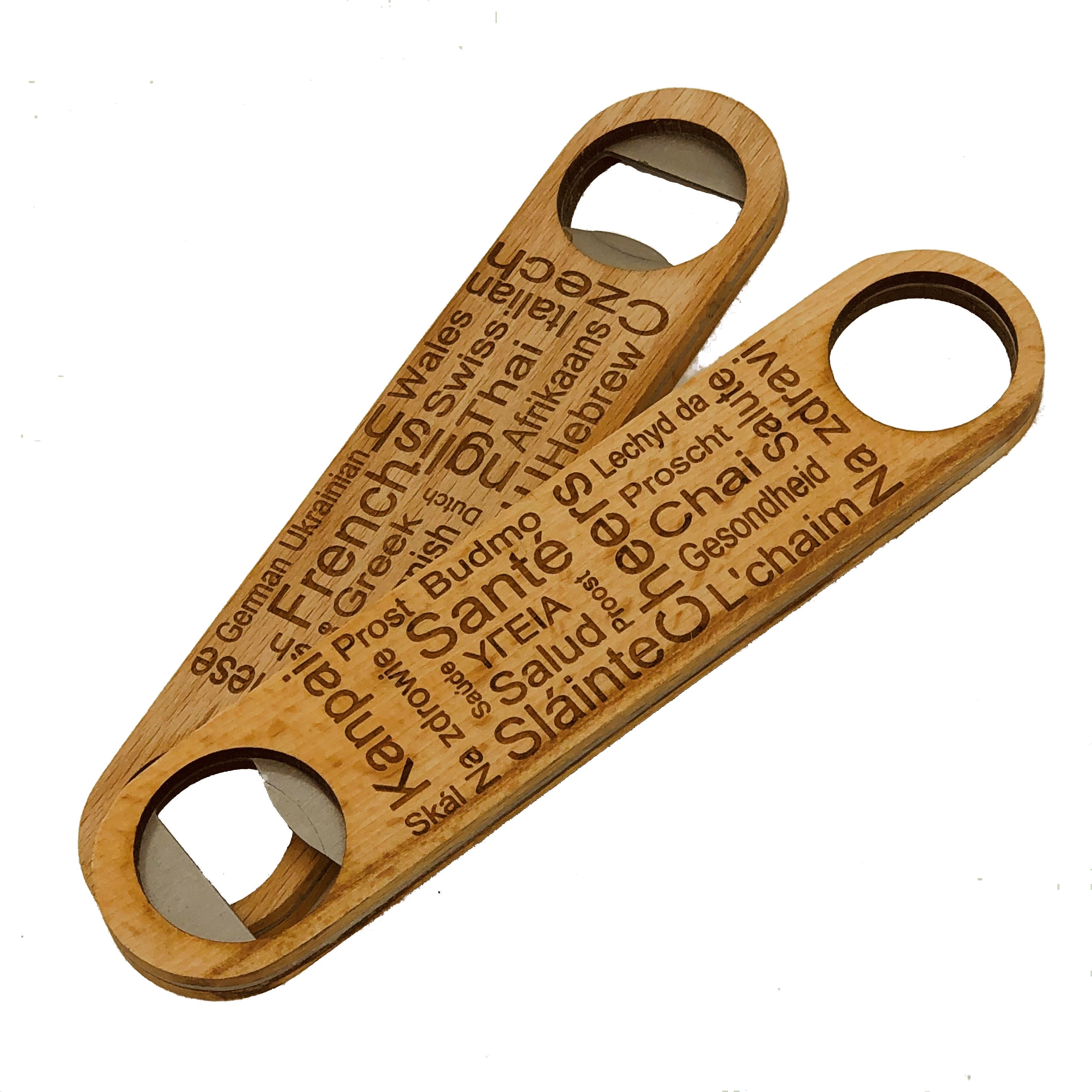Wooden bottle opener gift - cheers in many languages