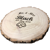Personalised rustic wooden log slice platter with surname and choice of motif
